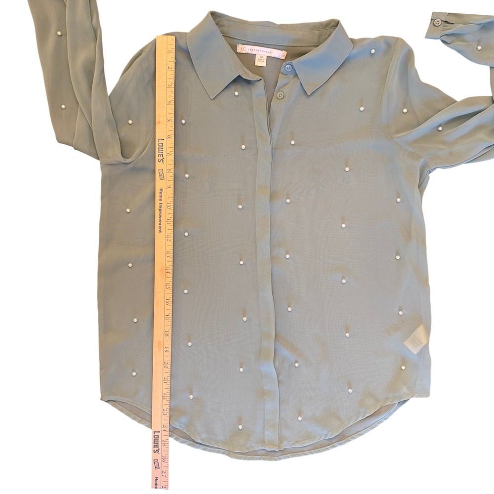 LC Lauren Conrad Sage Green Pearl Embellished Sheer Chiffon Blouse Womens Medium - Picture 8 of 11